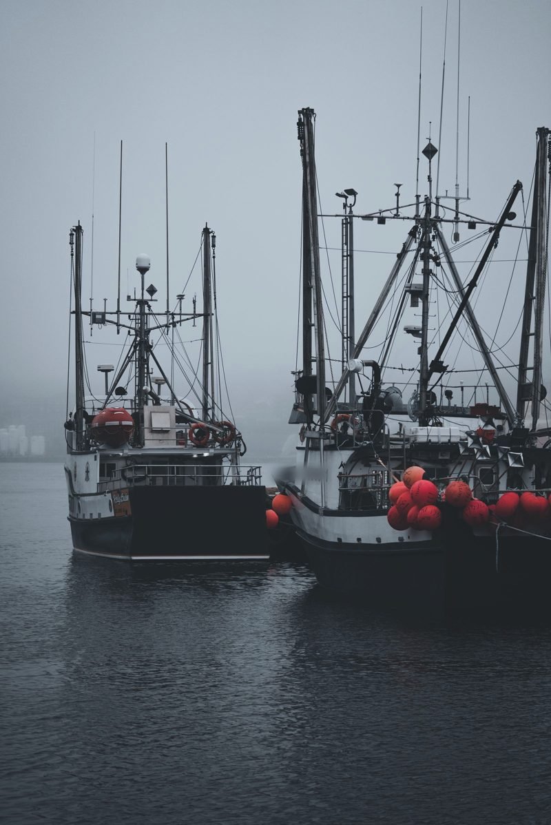 Dark fishing boats hung with orange buoys in fog