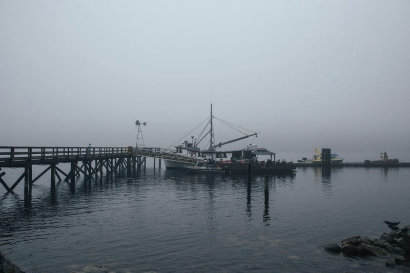 A pier and fishing boat fading into morning fog